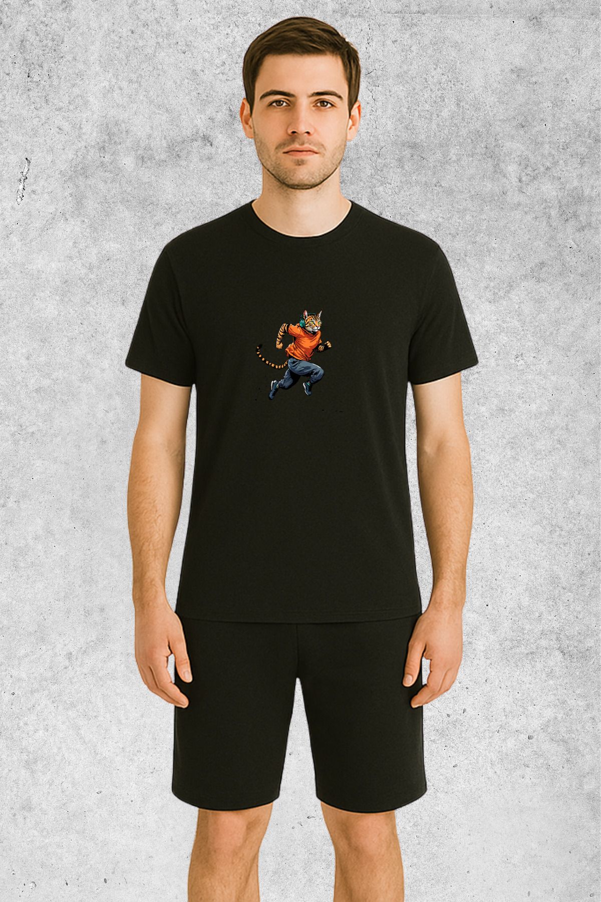 MOLICO Basic unisex sıfır yaka kısa kollu KOŞAN KEDİ BASKILI TSHİRT