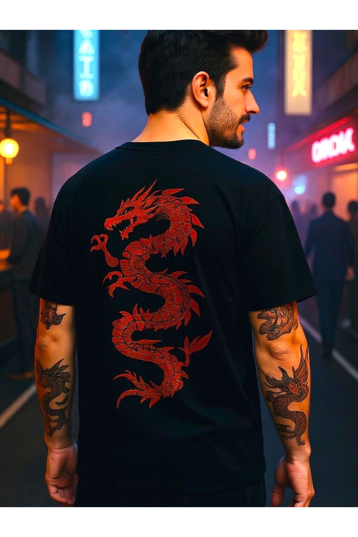 Windy Island Erkek Bisiklet Yaka Siyah Ön ve Sırt Dragon Baskılı T-shirt