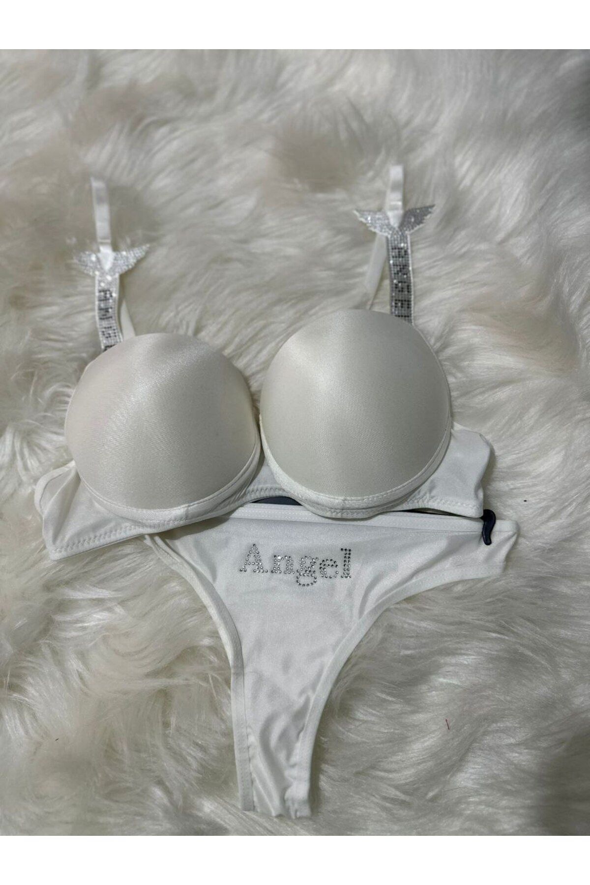 Elmas butik Butik elmas kadın mikro kumaş dolgulu B cup taşlı askılı beyaz sütyen takımı