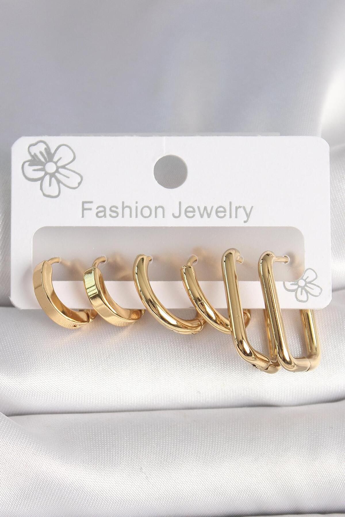 PARLACCESSORY Çelik Gold Renk Kare Halka Model Küpe Seti