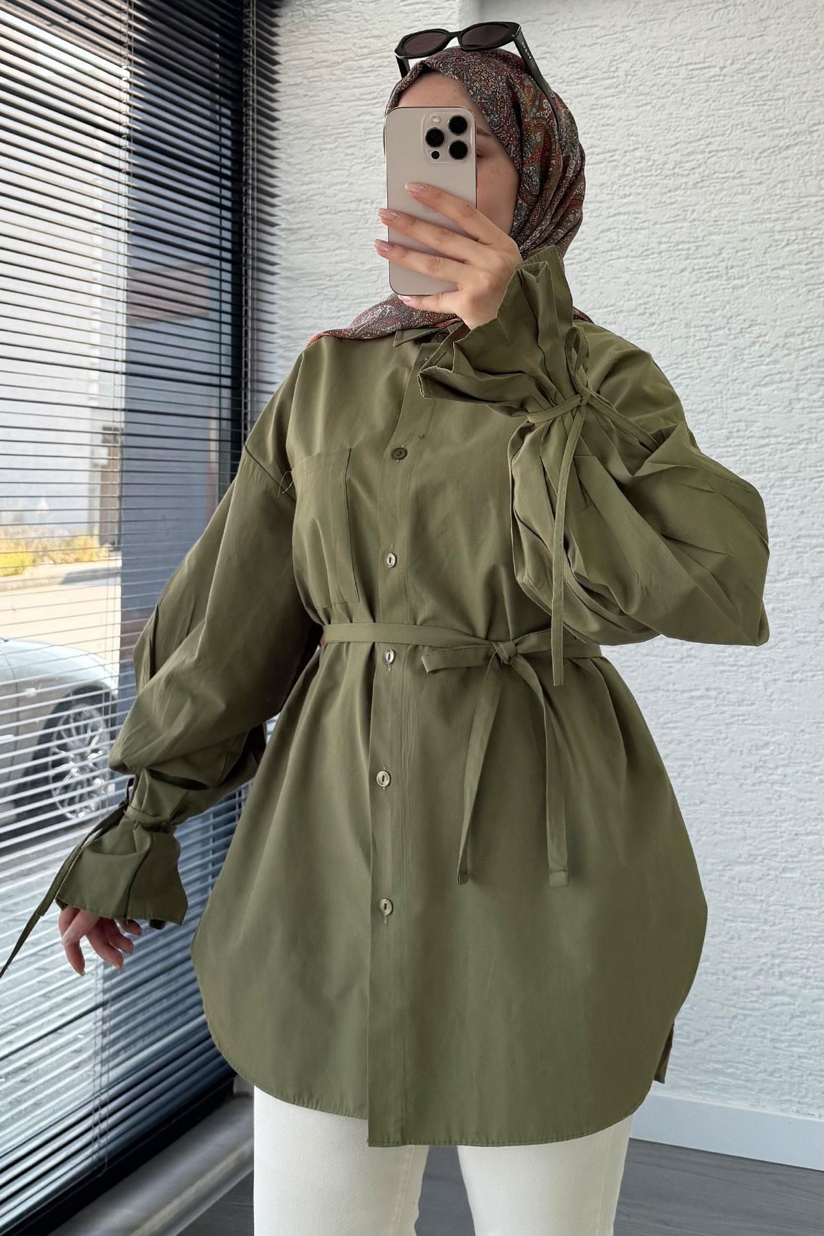 MELEK ARAZ Oversize Kesim Bilek Detaylı Poplin Tunik - Haki