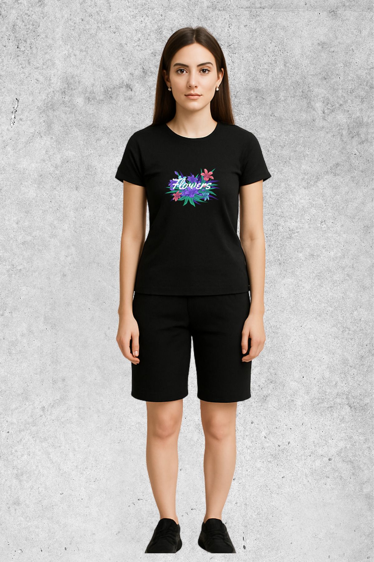 MOLICO Basic unisex sıfır yaka kısa kollu FLOWERS BASKILI TSHİRT