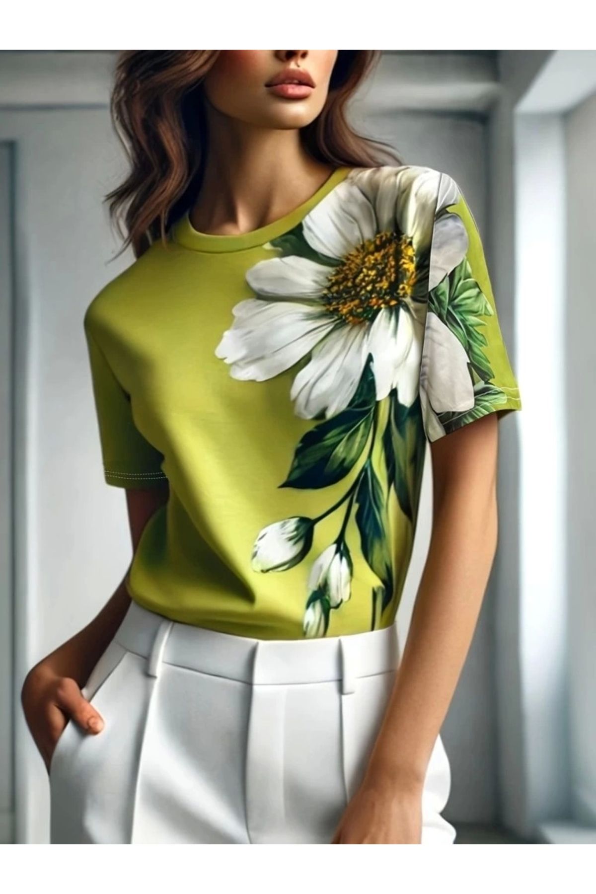 Butik Kadın Kısa Kollu Bisiklet Yaka çiçek Baskılı Süprem Bluz