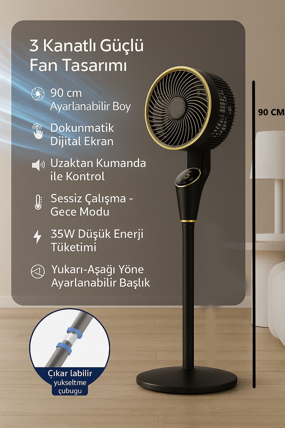 Kılıforyum Akıllı Vantilatör 90cm - Dijital Ekranlı | Sessiz & Uzaktan Kumandalı | 3 Kademeli Fan