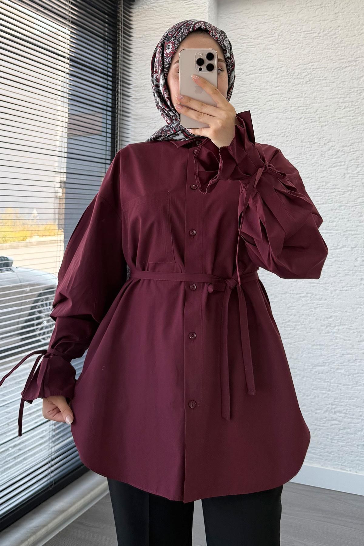 MELEK ARAZ Oversize Kesim Bilek Detaylı Poplin Tunik - Bordo