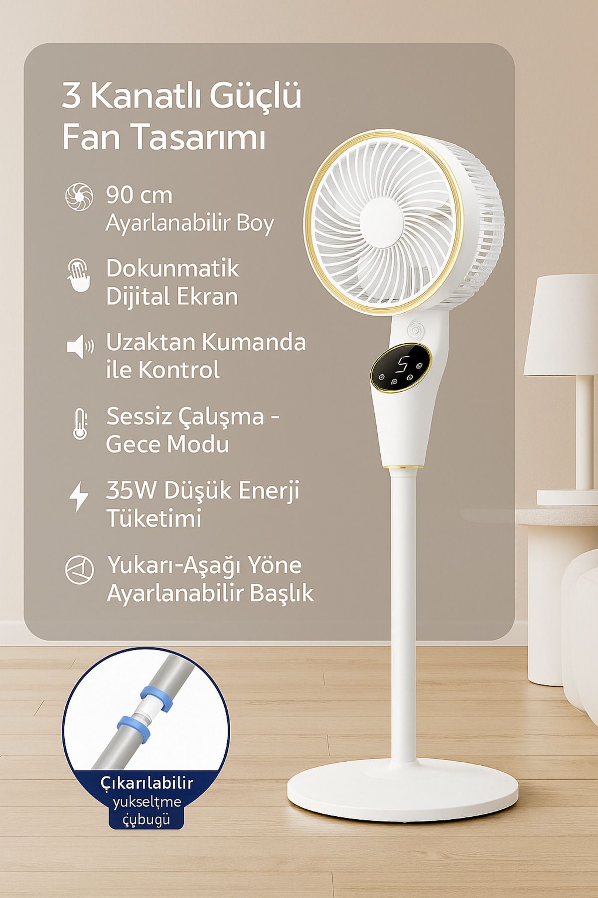 Kılıforyum Akıllı Vantilatör 90cm - Dijital Ekranlı | Sessiz & Uzaktan Kumandalı | 3 Kademeli Fan