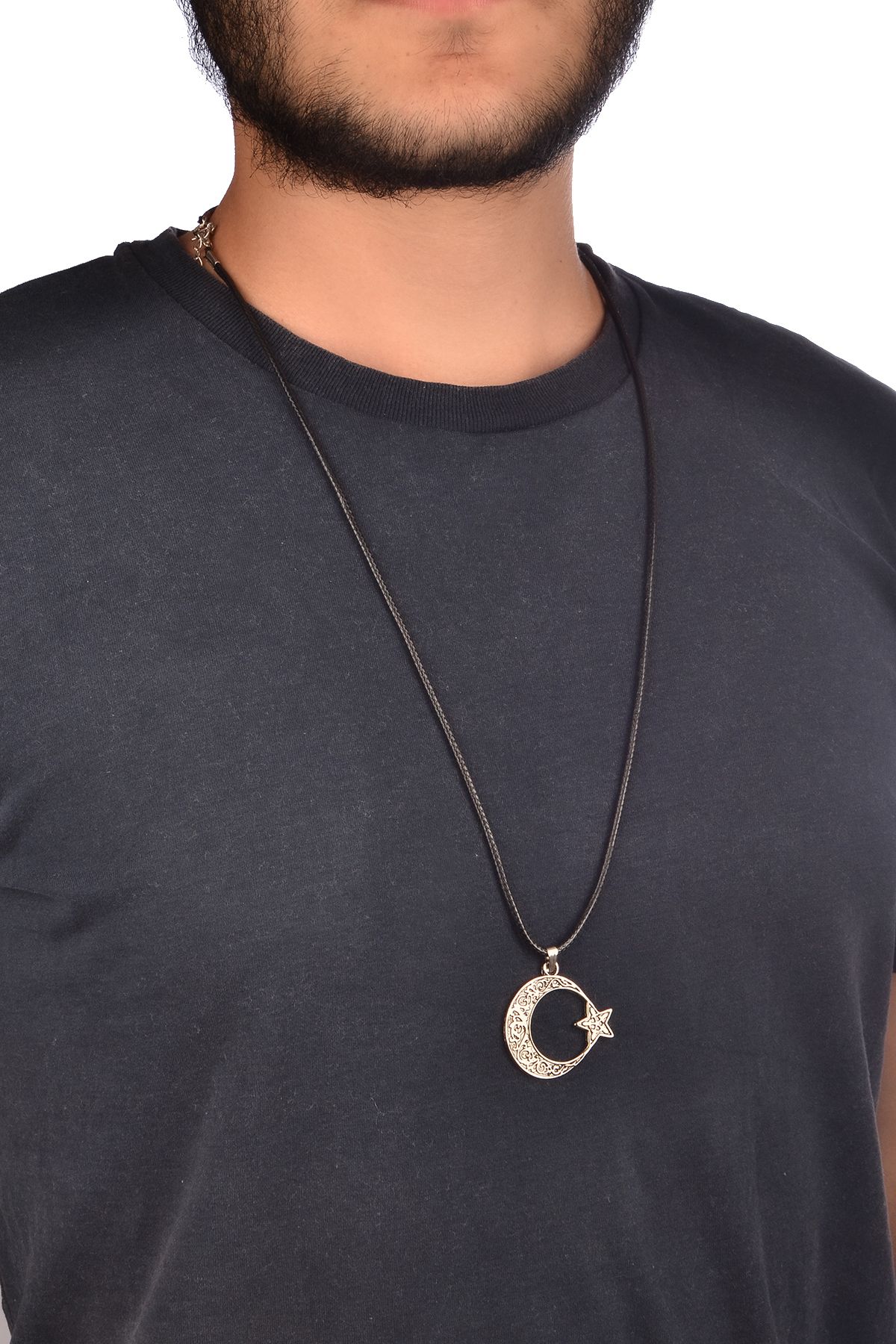HOBİSY GIFT SHOP Erkekler İçin Ay Yıldız Çelik Kolye – Özgün ve Anlamlı Tasarım | Deri Kordon 62 cm