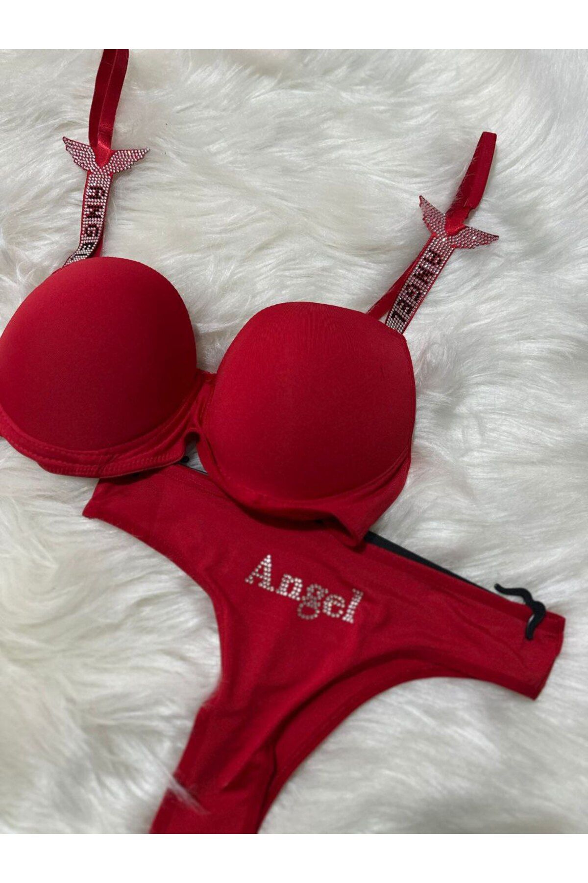 Elmas butik Butik elmas kadın mikro kumaş dolgulu B cup taşlı askılı kırmızı sütyen takımı