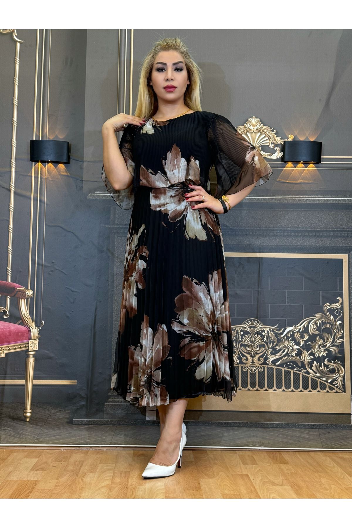 Yeşilmoda elbise piliseli Yuksek kalite şifon astarli midi boy abiye Çiçekli desenli bell likralı kadin