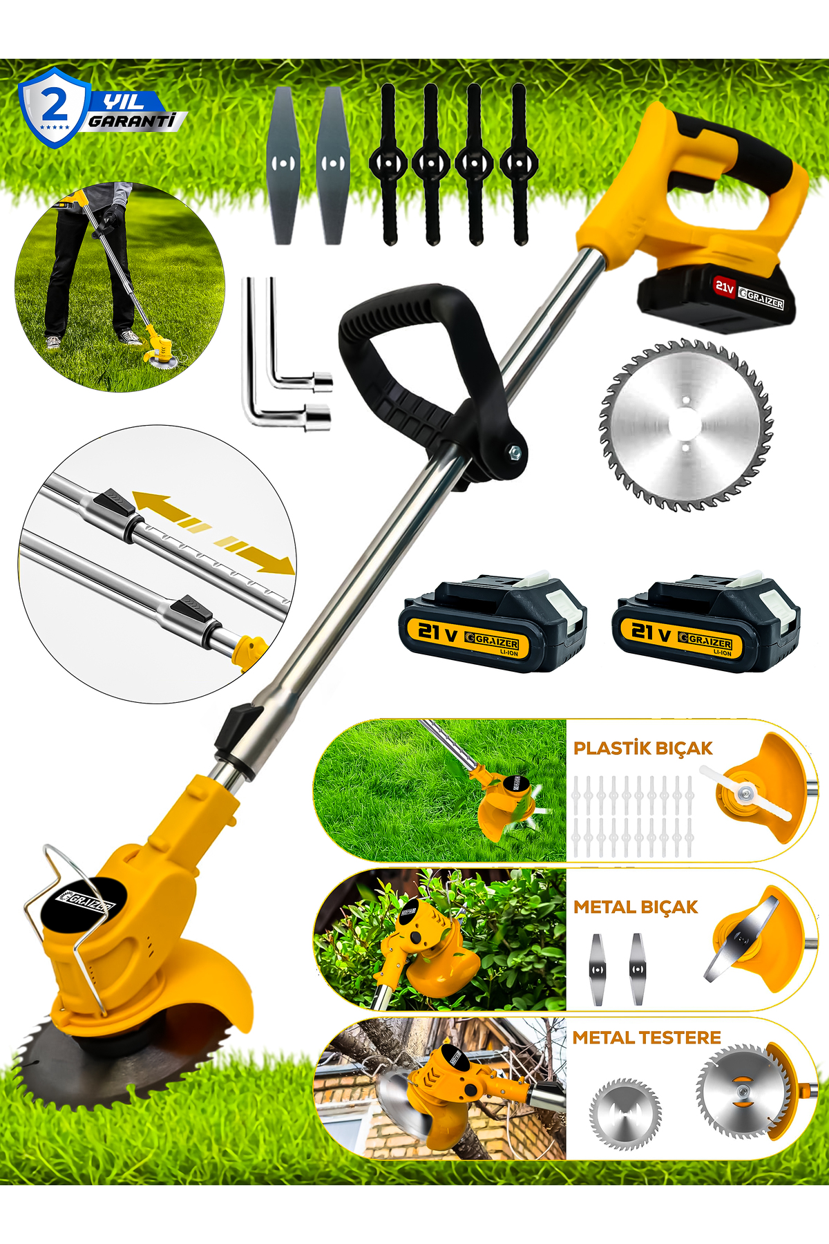 Graizer S-21 V Çift Akülü Çelik Şanzuman Ot Çim Çalı Diken Biçme