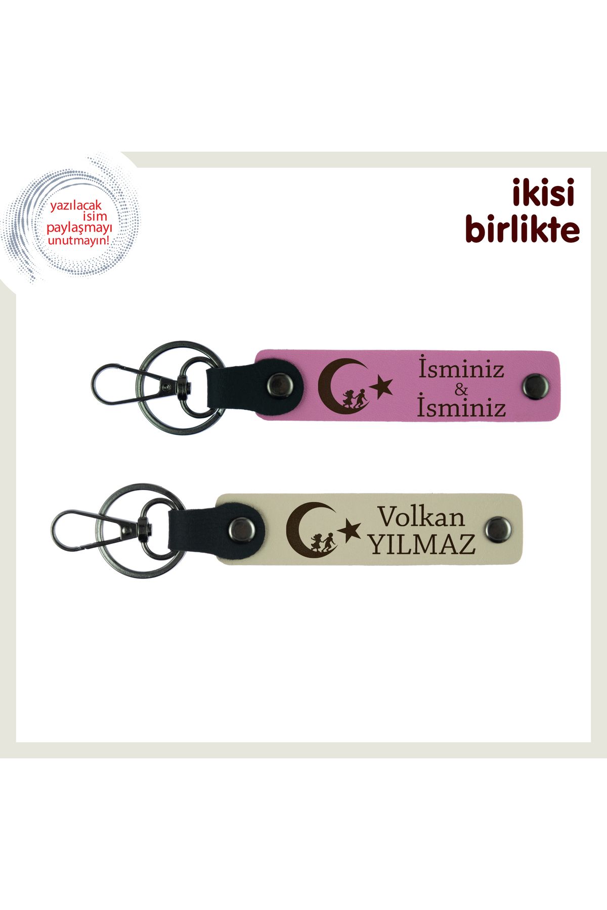 Miaju Sevgiline Çocuk Ve Ayyıldız Işığında Anlamlı Hediye – Kişiye Özel Anahtarlık Seti, Pembe-S Kahve