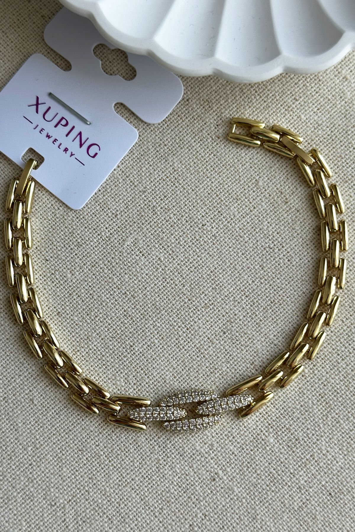 Modacaprea Xuping 14K Taşlı Geçmeli Zincir Kadın Bileklik – 17+2 cm | Altın Renk Kararmaz Xuping Takı