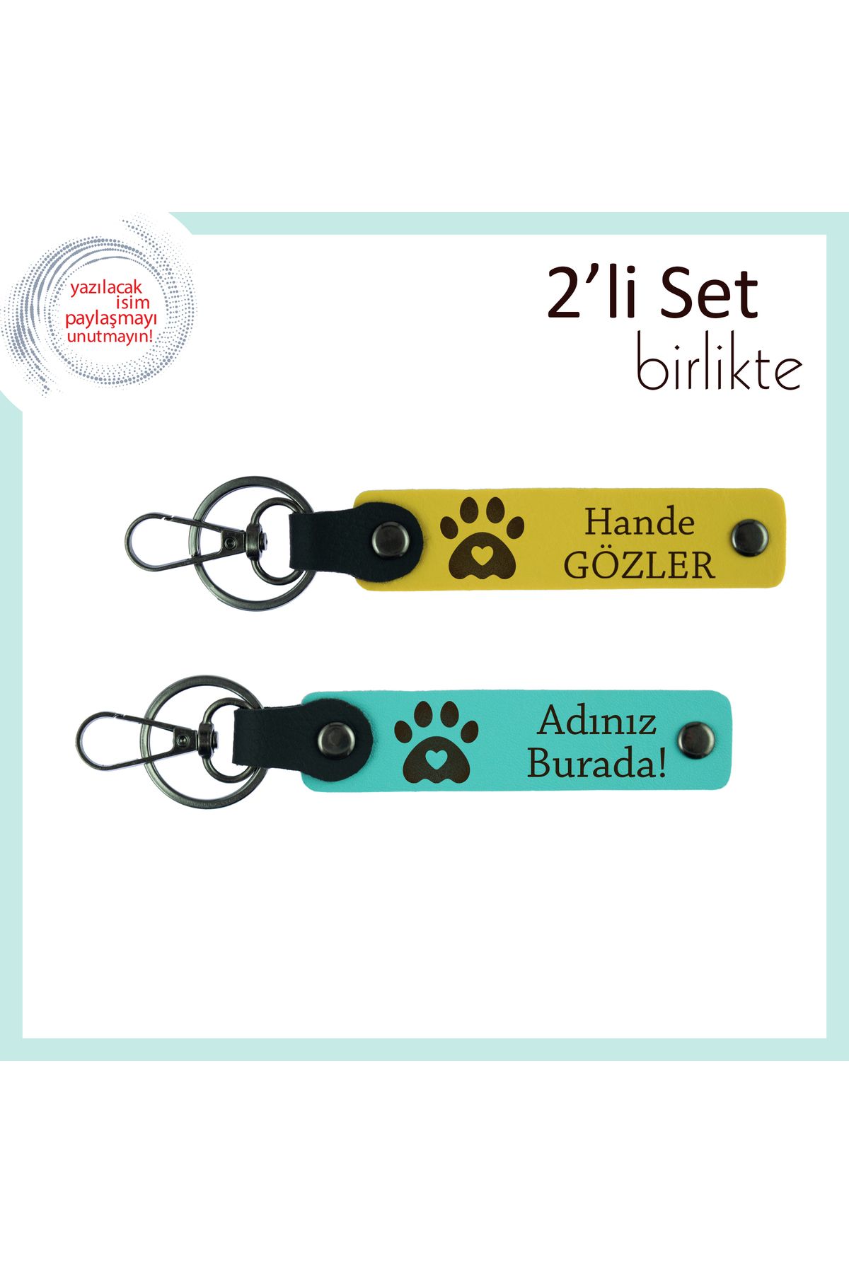 Miaju Sevgilinle Ortak Hatıra Olarak Taşınabilecek Anahtarlık, Kalpli Pati Desenli 2'li Set, Sarı-Turkuaz
