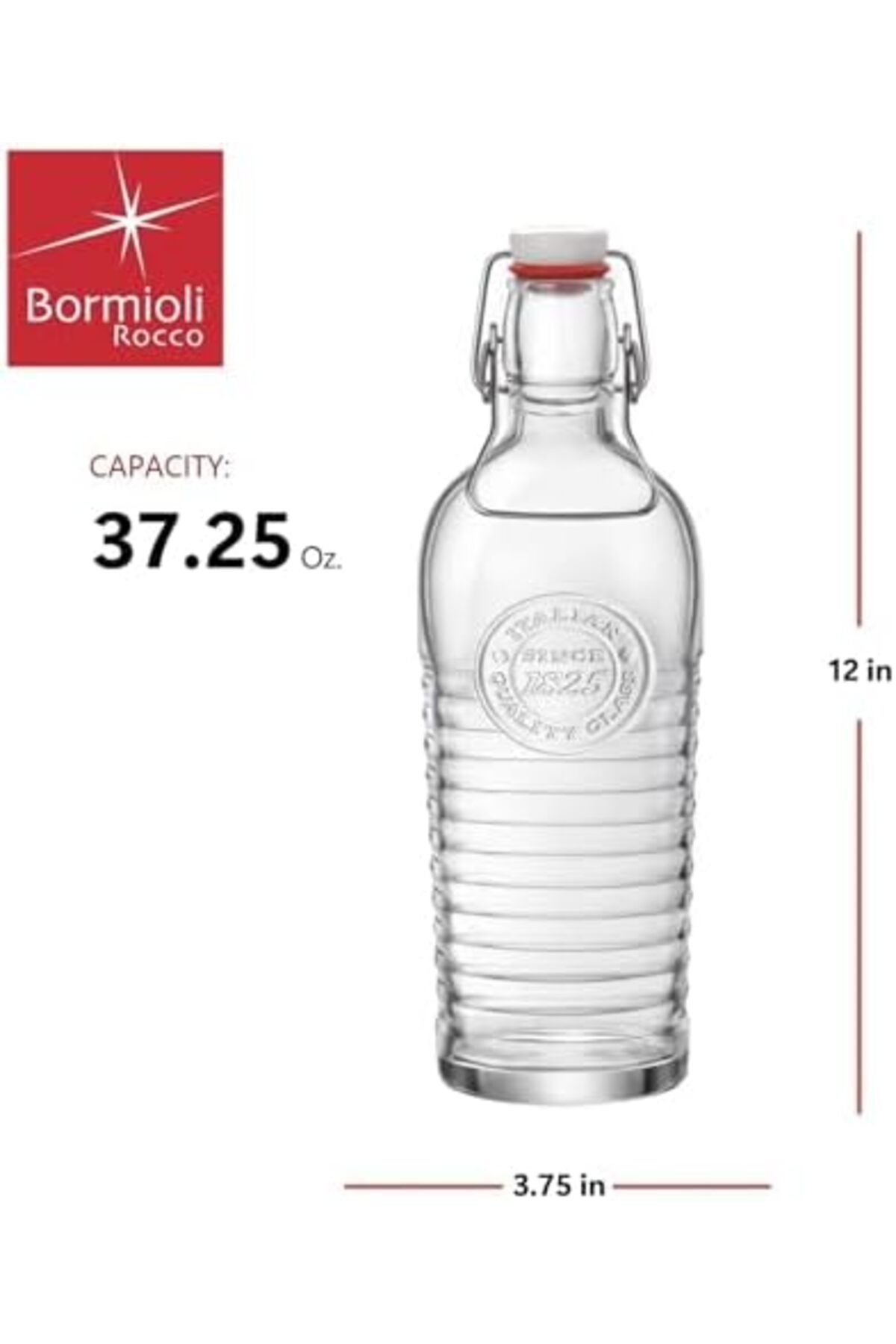 Bormioli Rocco-Officina Water Bottle, Italian Glass Pitcher, Airtight Seal, Metal Clamp, Easy To Carry Handle, 1.2L 2