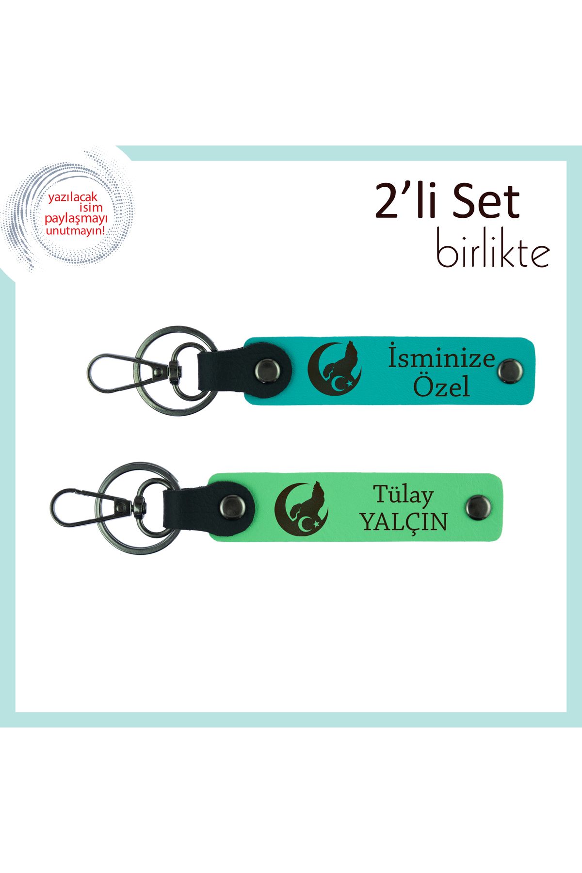 Miaju Sevdiklerinle Paylaşılacak Hatıra – Bozkurt Ve Ayyıldız Deri Anahtarlık Takımı, Koyu Turkuaz-Yeşil