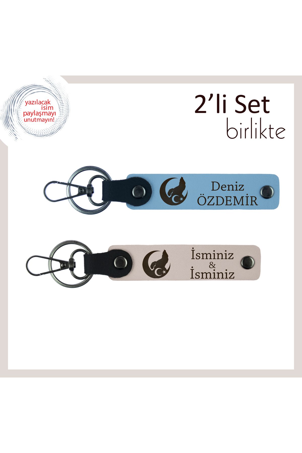 Miaju Vatan Temalı Anlamlı Hediye – Bozkurt Ve Ayyıldız Kişisel İsimli Anahtarlık Takımı, Gök Mavi-Pudra
