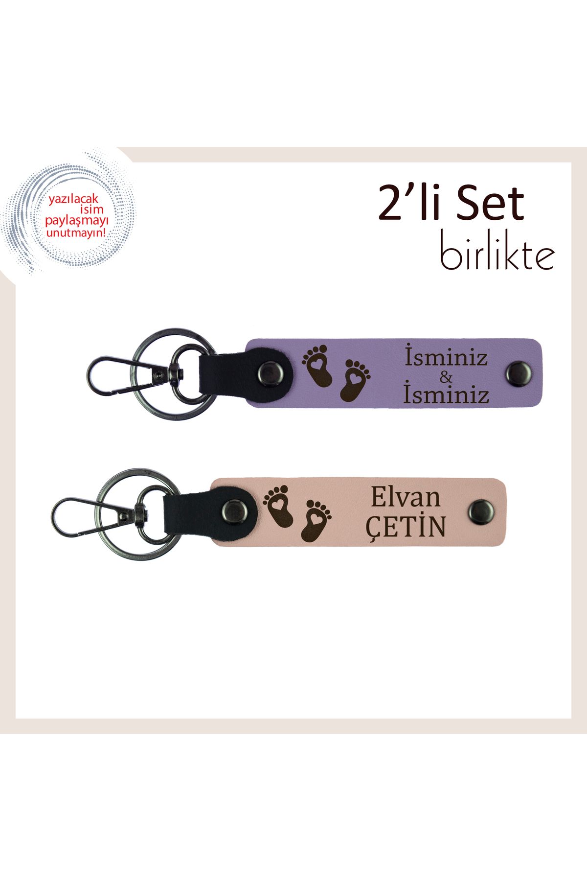 Miaju Kız Bebeğin Adı Yazılabilir Kalpli Ayak Figürlü Deri Anahtarlık, 2’li Sevimli Set, Mor-Yavru Ağzı