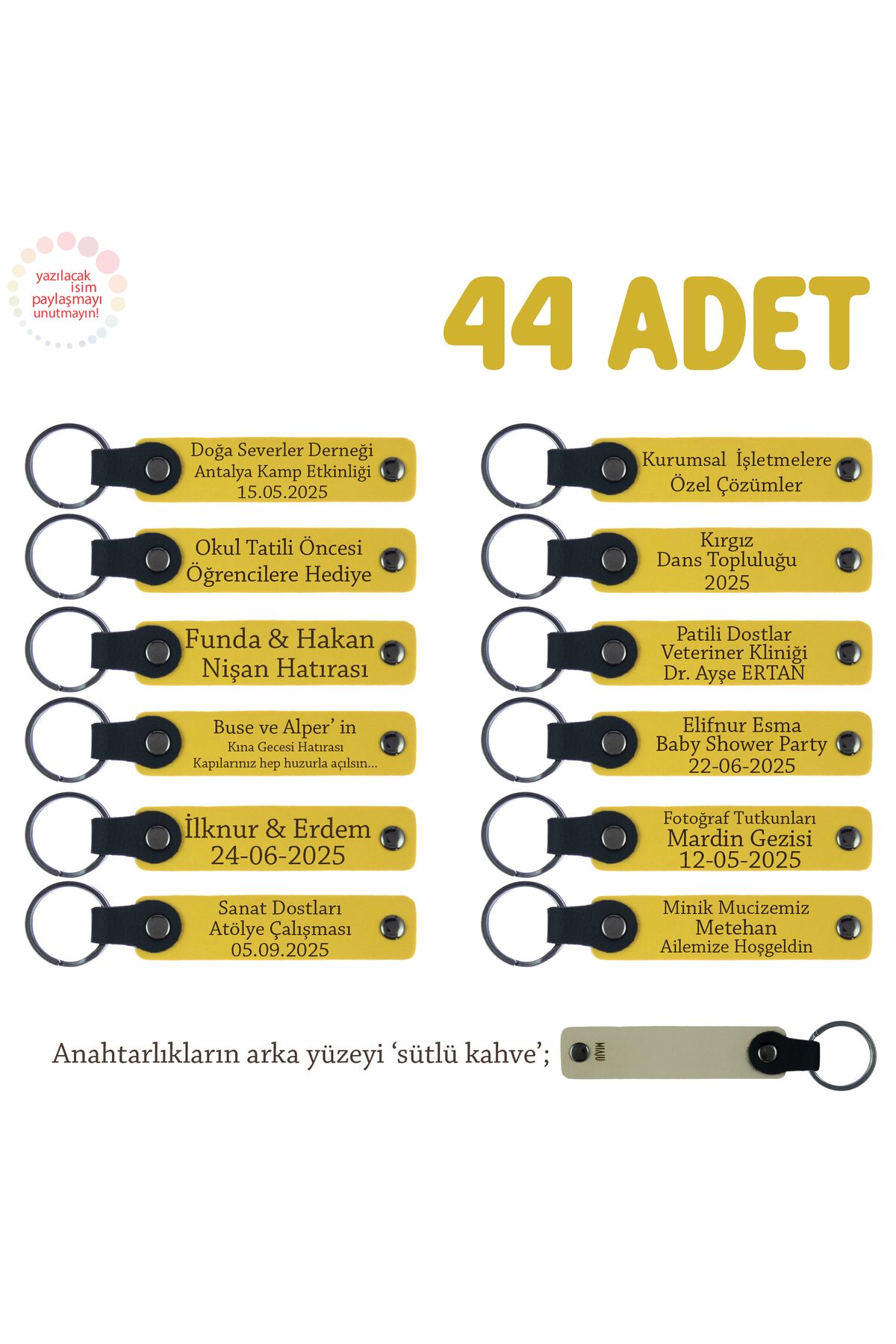 Miaju Sarı & S Kahve, Yeni Dükkanınıza Gelen Müşterilere, 44’lü Set, Markaya Özgü Yazılı Deri Anahtarlık