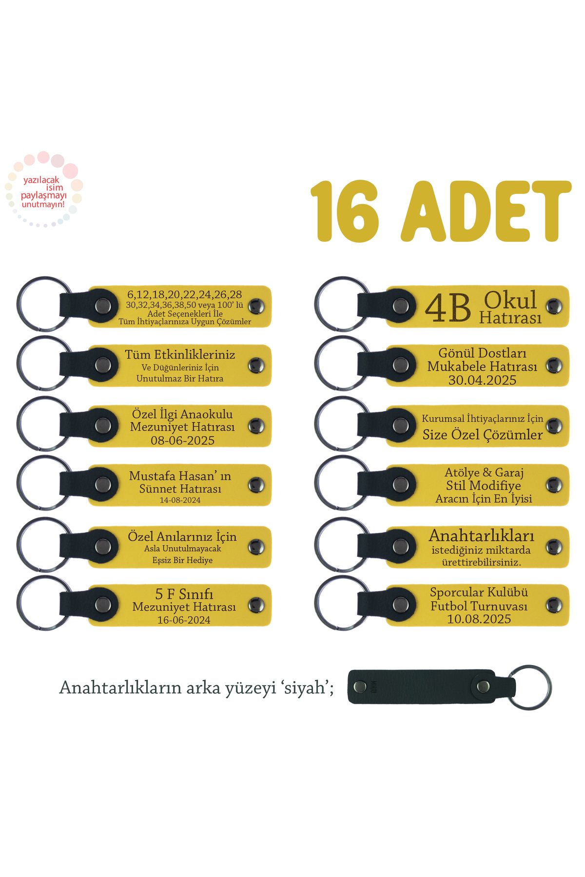Miaju Sarı & Siyah, Okul Gezisi Anısı Olarak Hazırlanan, 16’lı Set, Kişiselleştirilebilir Deri Anahtarlık