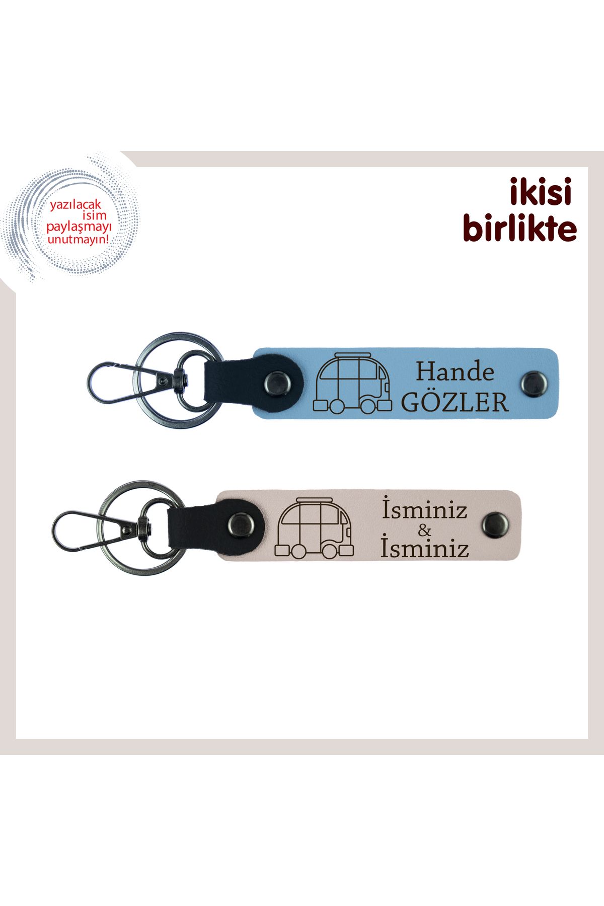 Miaju Yolda Olmanın Huzurunu Simgeler, Karavanlı Kişisel Deri Anahtarlık Seti, İsim Yazılı, Gök Mavi-Pudra