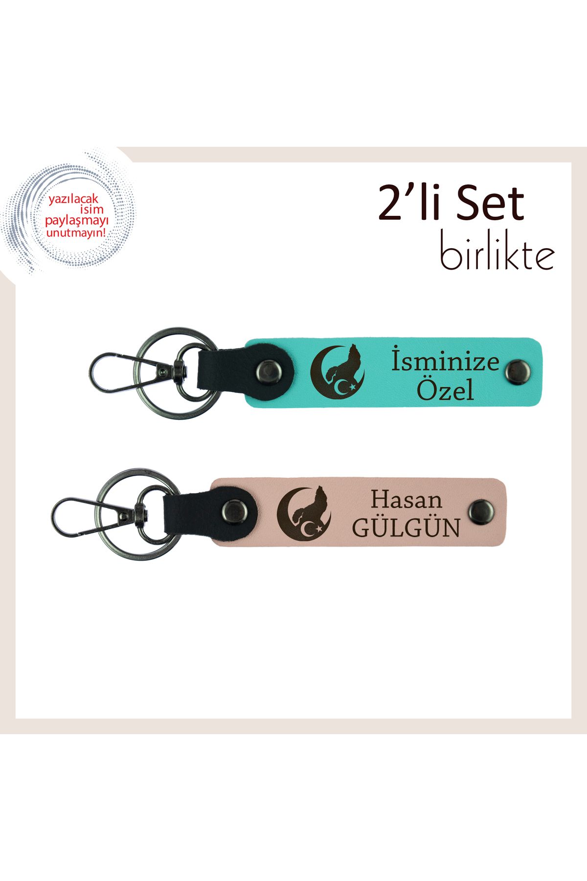 Miaju Klasiklerden Sıyrılan Hediye– Bozkurt Ve Ayyıldız Desenli İsimli x2 Anahtarlık, Turkuaz-Yavru Ağzı