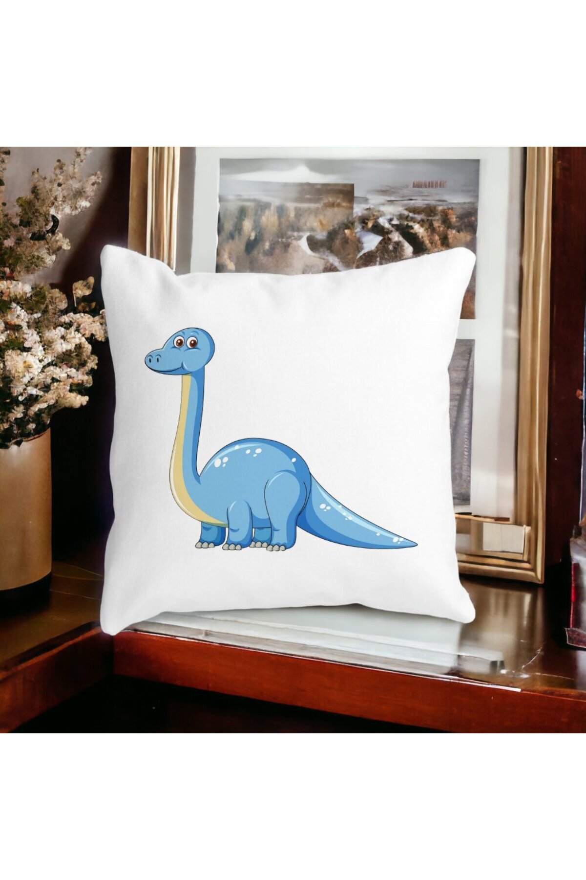 BEKZ-Children's Square Decorative Pillow, Blue Dinosaur, 40x40 cm, White, Matt, Removable Cover, Bellows 5