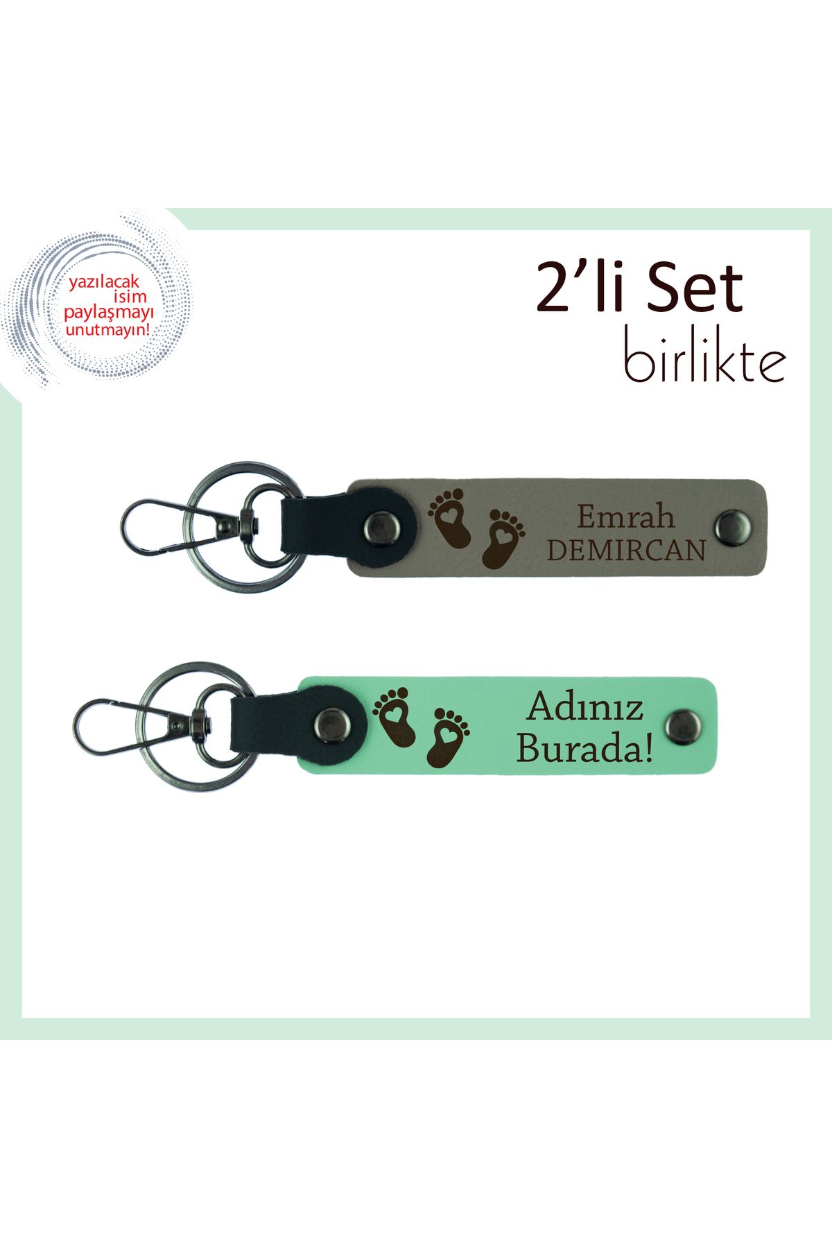 Miaju Bebeğinize Ait İlk Hatıra Olarak Kalacak, Kalpli Ayak Desenli Deri Anahtarlık Seti, Kül Gri-A Yeşil