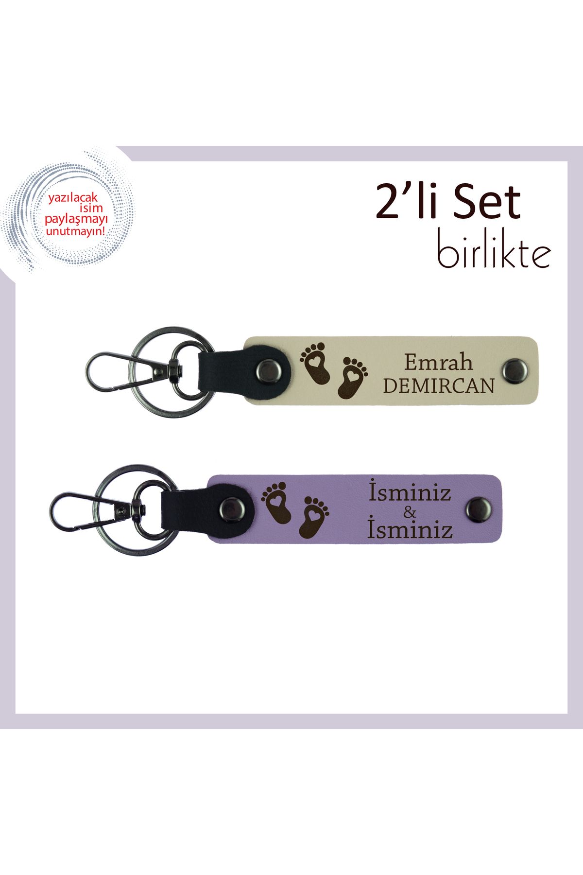 Miaju Kız Bebeğe Uygun Tasarımıyla Kalpli Ayak Desenli Deri Anahtarlık, İsim Yazılabilir, Sütlü Kahve-Mor