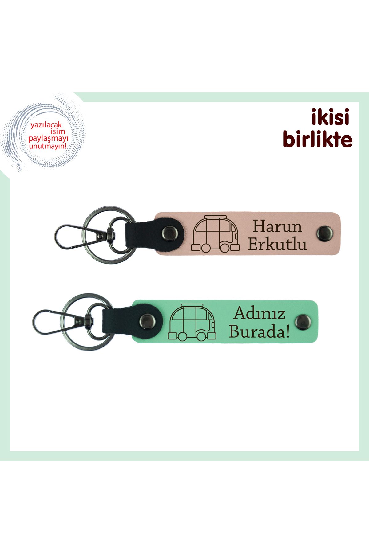 Miaju Sırt Çantasıyla Değil Karavanla Gezenlere, Deri Anahtarlık 2’li Set, İsim Yazılı, Yavru Ağzı-A Yeşil