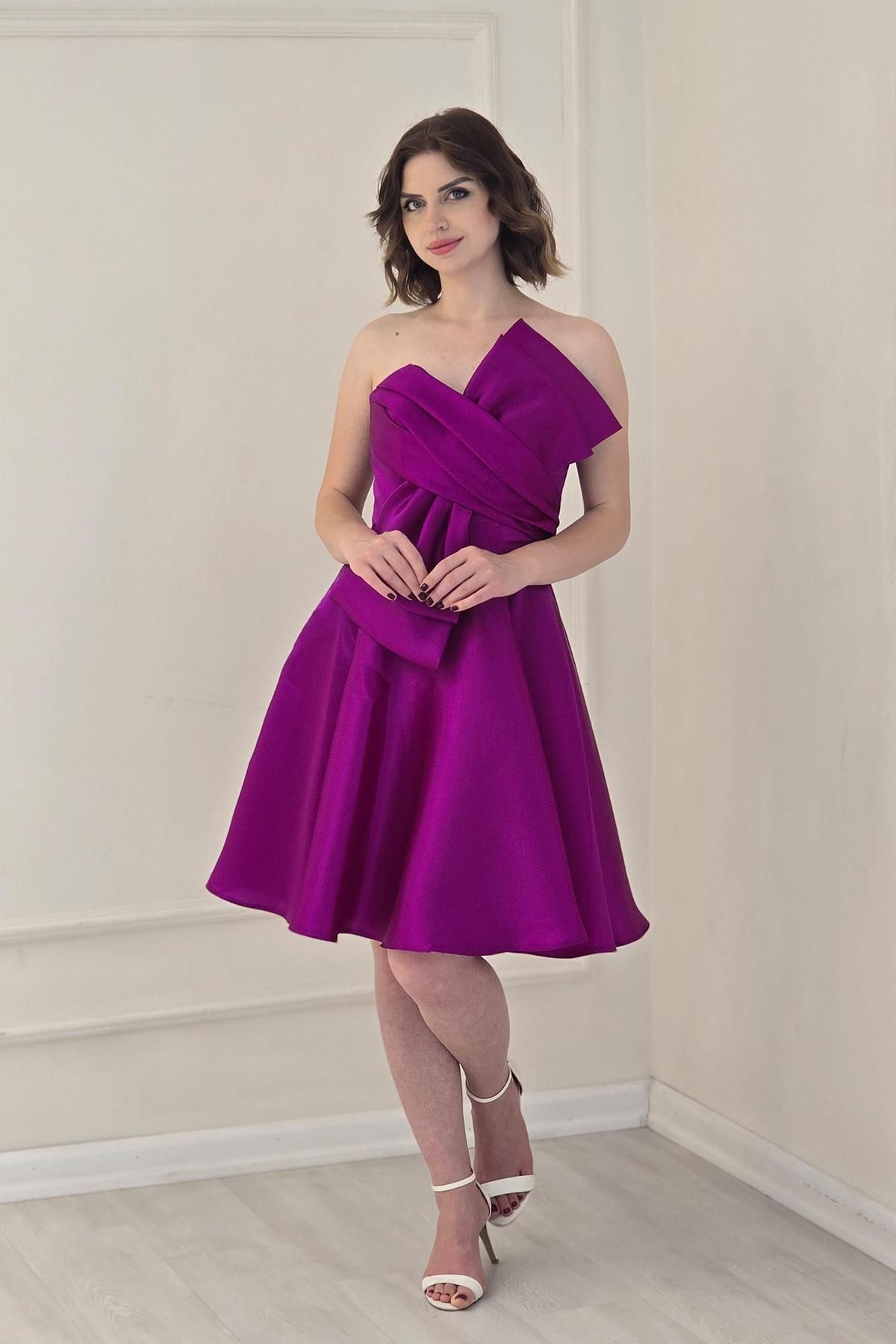 Yonca Moda Evi Fuşya Kısa Fiyonklu Abiye 7005