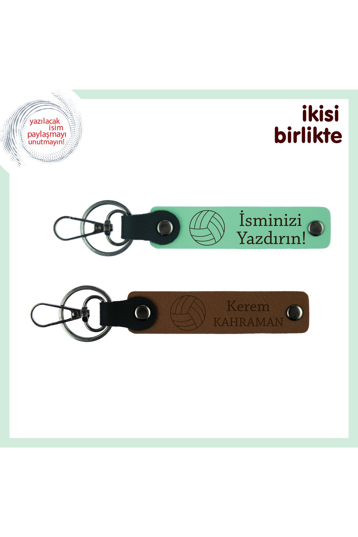 Miaju Oyunu Paylaşan Kalplere Anı, Kişiselleştirilebilir İsimli Deri Anahtarlık Seti, Açık Yeşil-A Kahve