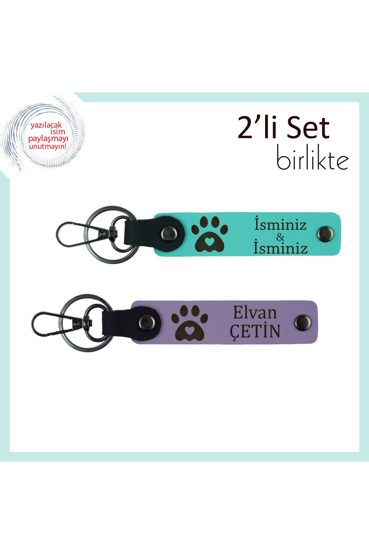 Miaju Yeni Kedi Sahiplenenlere Uygun Hatıra Hediyelik, Kalpli Pati Desenli Deri Set, Turkuaz-Mor Menekşe