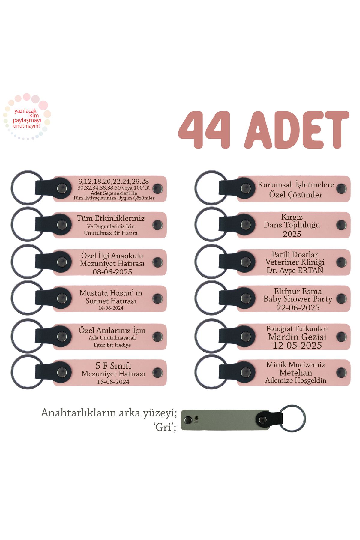 Miaju Dönemsel Etkinlikler İçin İsim Ve Mesaj Yazılabilen 44' lü Anahtarlık Seti, Pudra & Gri