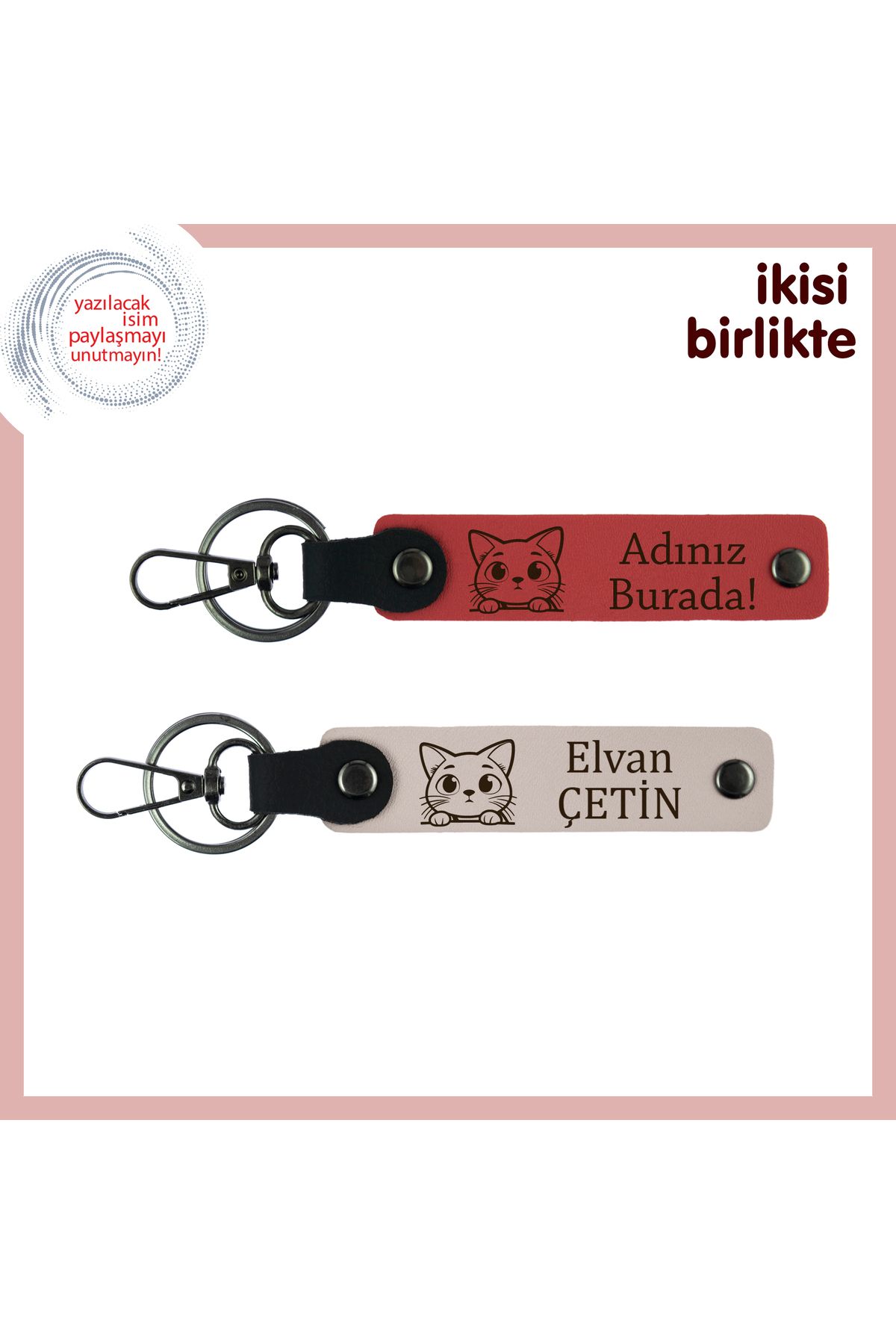 Miaju Kedili Günlerin Hatırası İçin, İsim Yazılabilir Anahtarlık Takımı, 2’li Set, Nar Çiçeği-Pudra