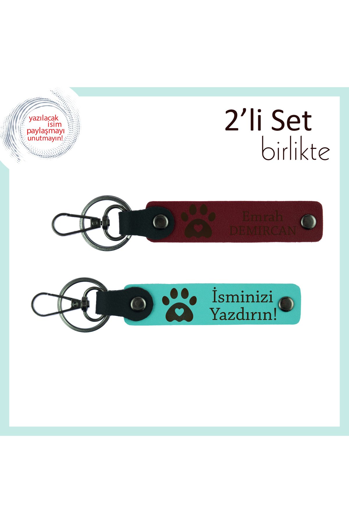 Miaju Hayvan Aşığı Çiftlere Kişisel Armağan, Kalpli Pati Figürlü 2’li Set, İsim Yazılabilir, Bordo-Turkuaz