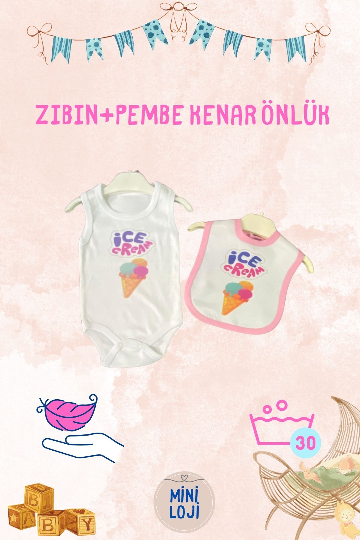 miniloji Dondurma Desenli Bebek Zıbın ve Önlük Seti - Mavi Kenarlı & Pamuklu/Paraşüt Kumaş (0-36 Ay)