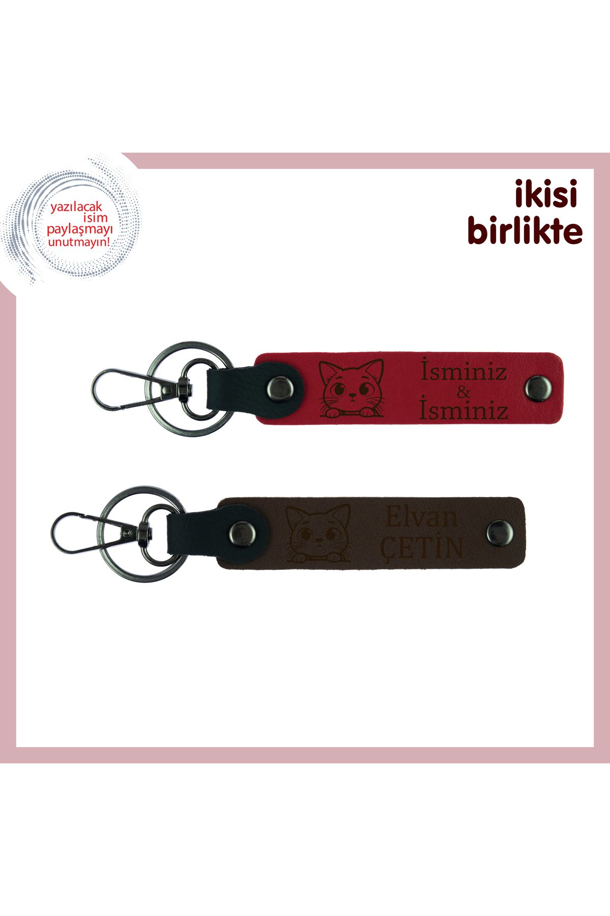 Miaju Kediyle Tanışma Gününüze Anlamlı Hatıra, Kedi Temalı Deri Anahtarlık Takımı, Kırmızı-Koyu Kahve