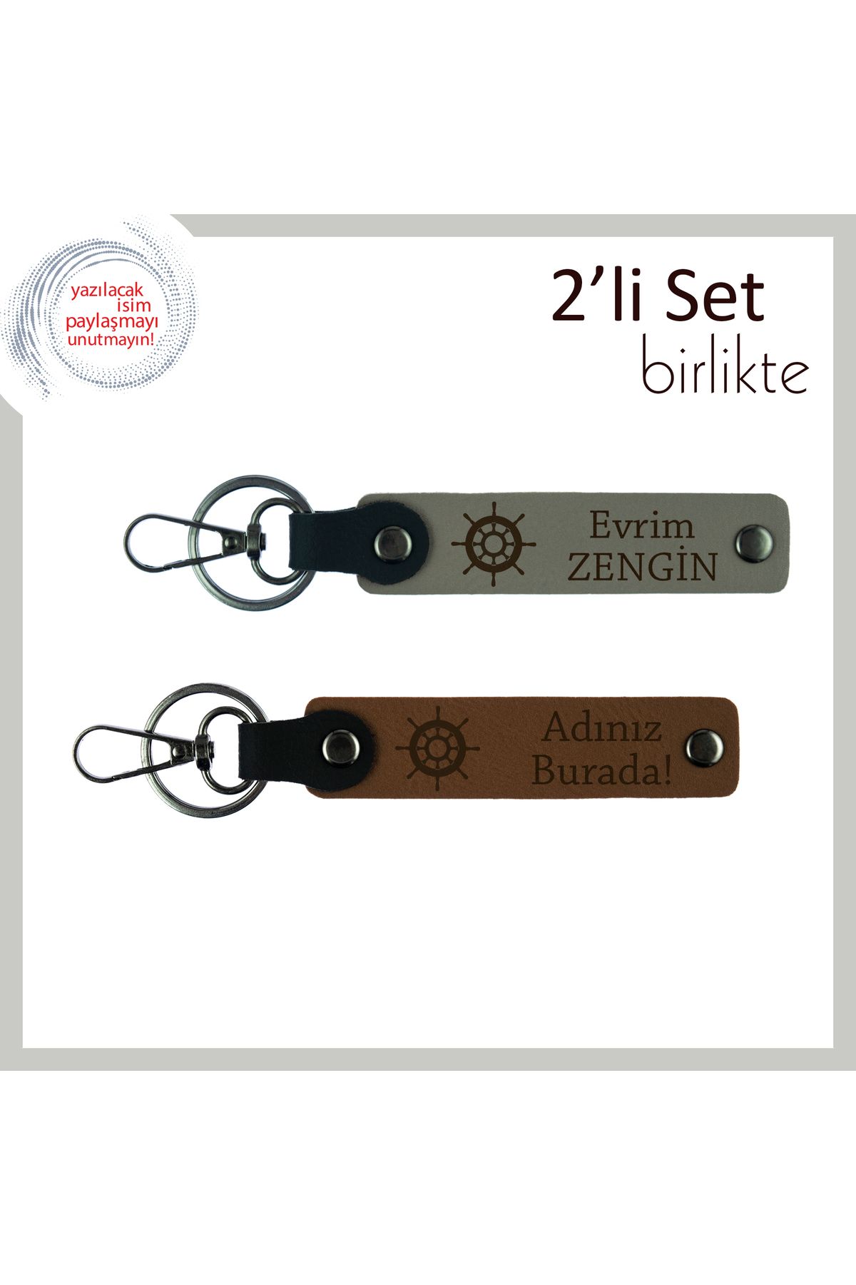 Miaju Kaptan Ruhlu Eşe Hediye, Gemi Figürlü 2’li Deri Anahtarlık Takımı, Kül Gri-Açık Kahve