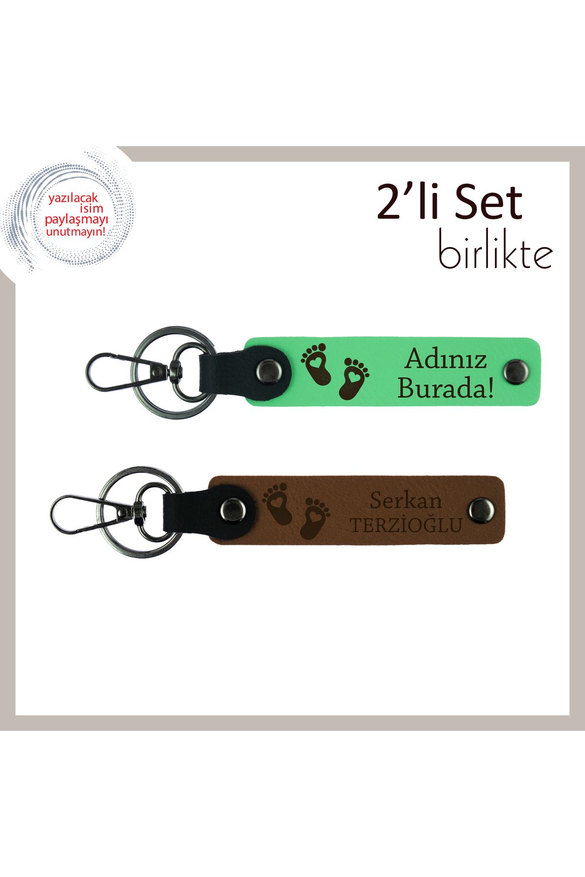 Miaju Doğumdan Sonra Saklanabilecek Bebek İsmi Yazılı Anahtarlık. Kalpli Ayak Motifli, F Yeşil-A Kahve
