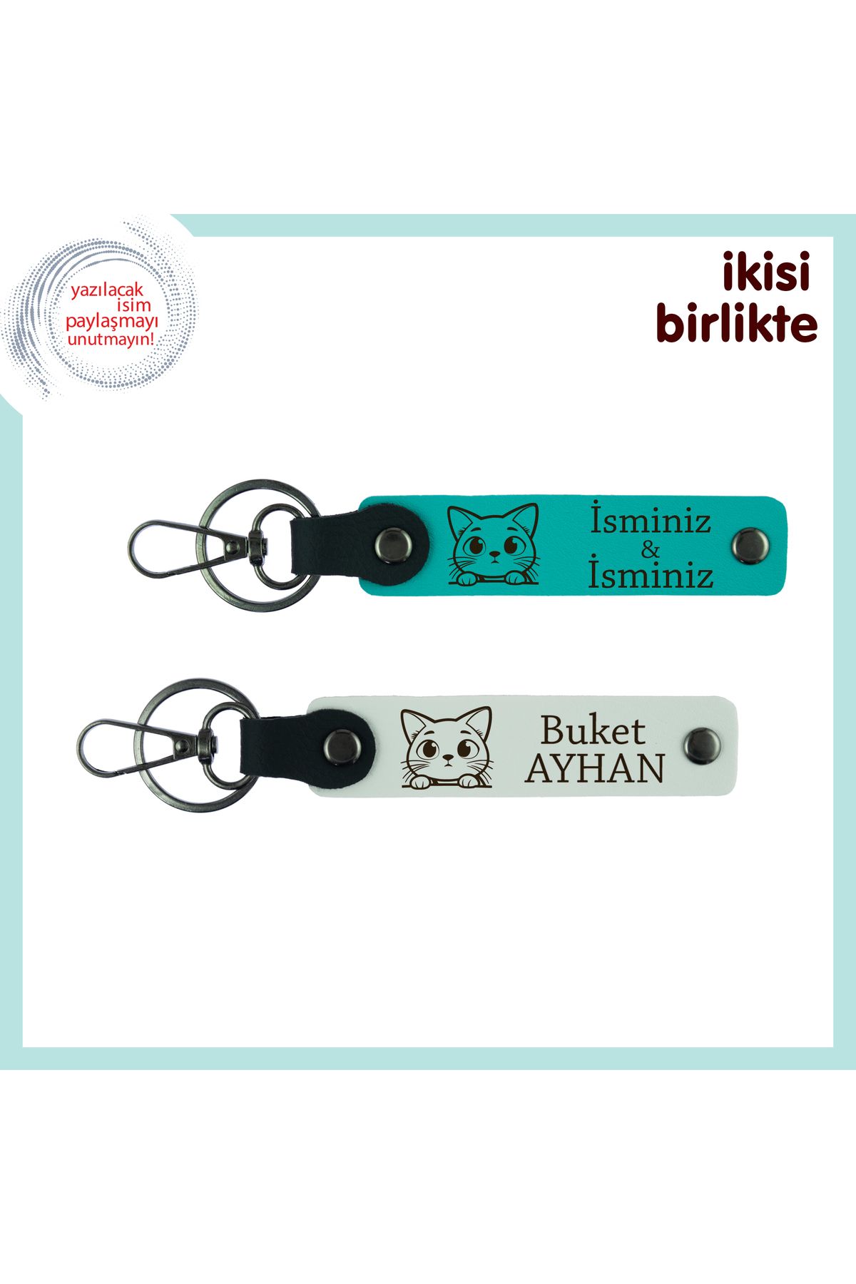 Miaju Kedili Aşkın Sessiz Şahidi, Kişiye Özel İsim Yazılı Deri Anahtarlık x2’li, Koyu Turkuaz-Beyaz