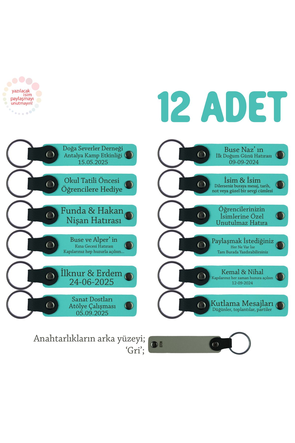 Miaju Sınıf Öğretmeninden Özel Mesajlı Karne Hatırası Anahtarlık 12’li Set Miniklere Hediye, Turkuaz & Gri