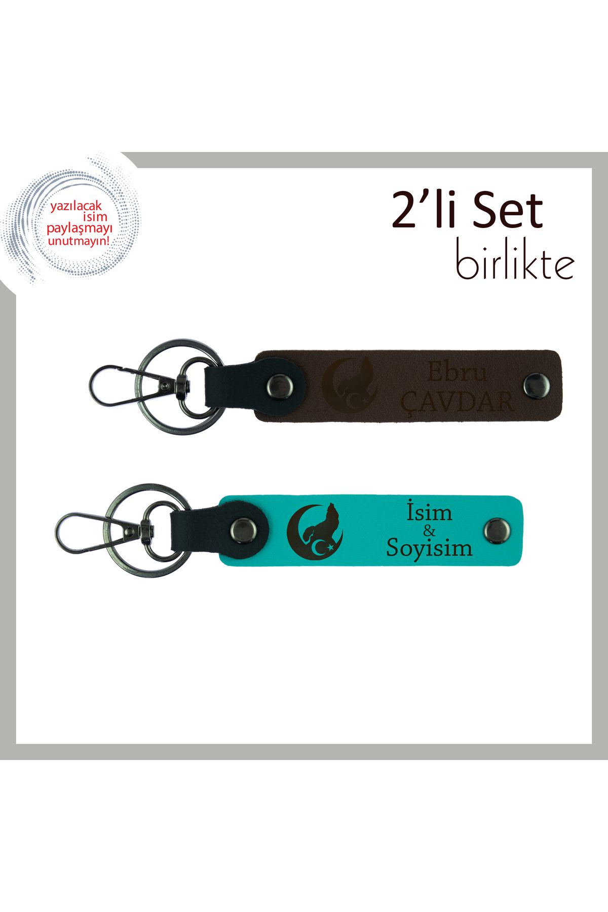 Miaju Öğretmene Teşekkür Hediyesi – Bozkurt Ve Ayyıldız Temalı İsimli Anahtarlık Set, Koyu Kahve-Turkuaz