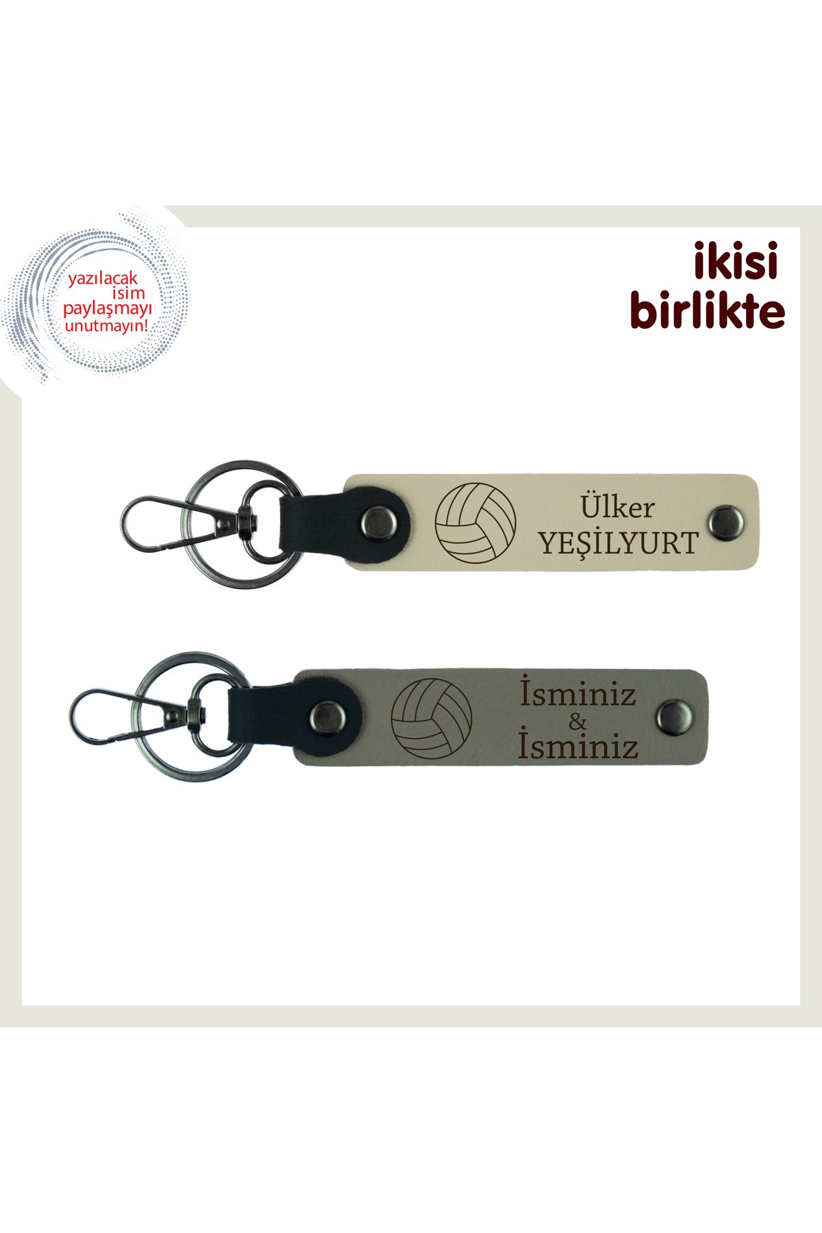 Miaju Takım Ruhu İçin Anlamlı Anı, Voleybol Motifli Deri Anahtarlık Seti, İsim Yazılabilir, S Kahve-Gri