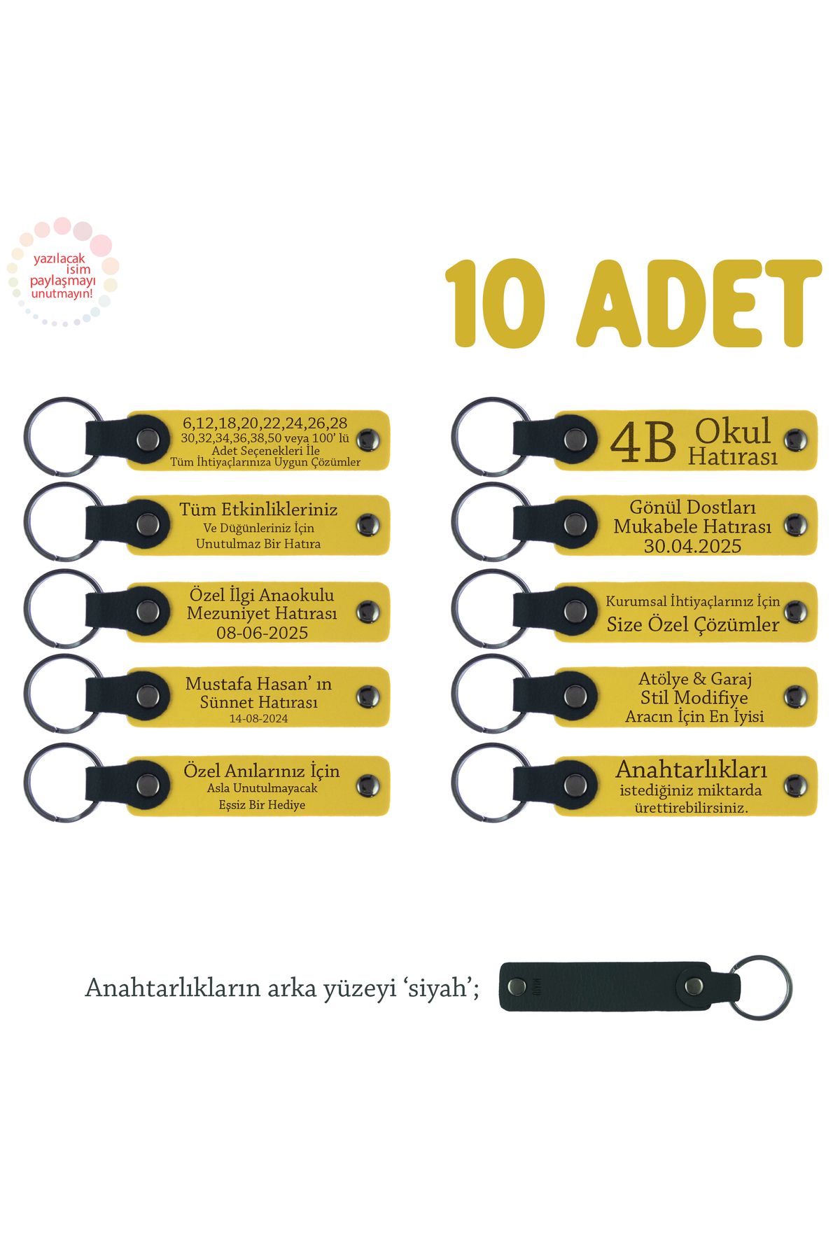 Miaju Sarı & Siyah, Yurtdışı Programına Katılanlara, 10’lu Set, Üzerine İsim Yazılabilen Deri Anahtarlık