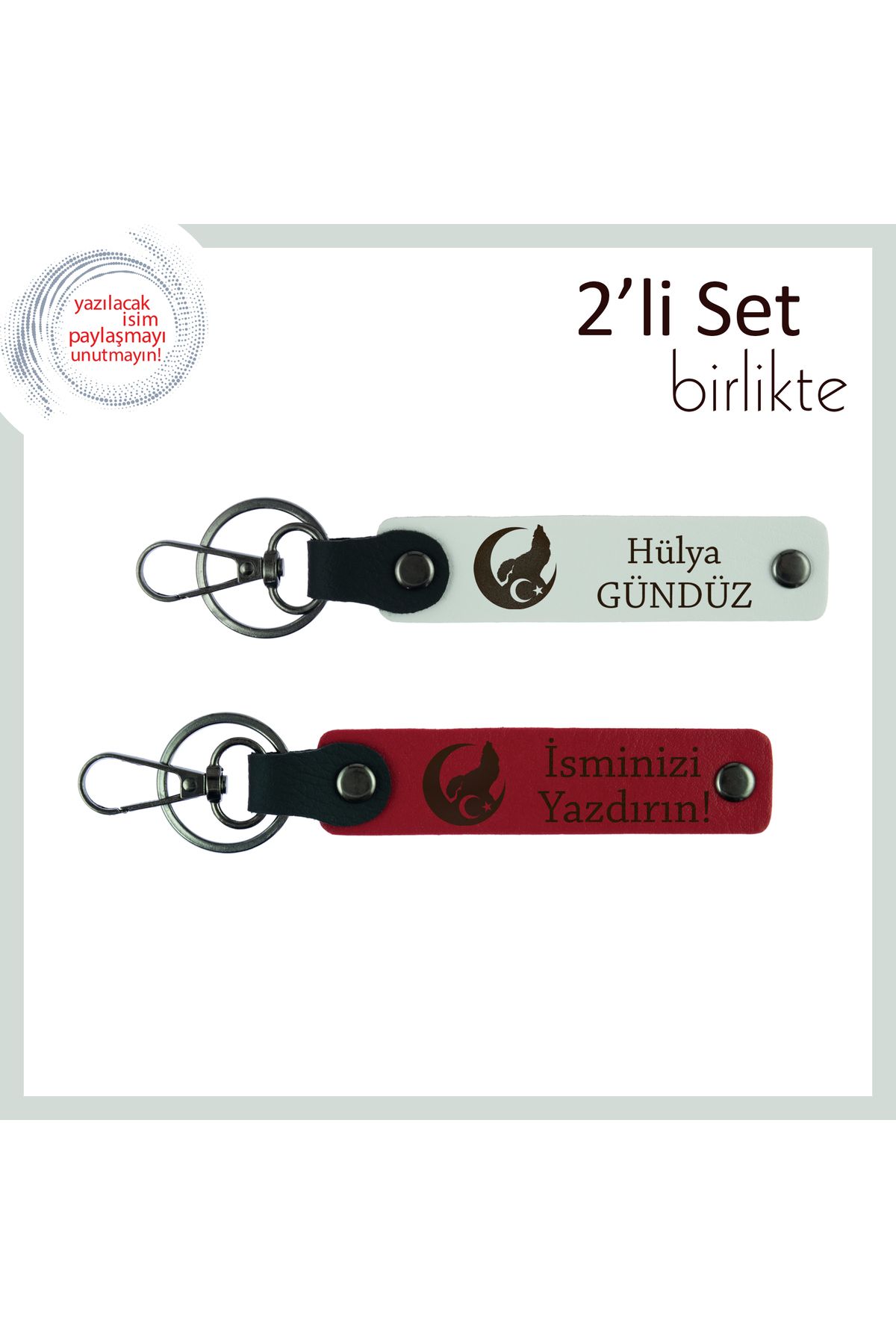 Miaju Akrabaya Hatıralık Hediye, Bozkurt Ve Ayyıldız Kişisel İsimli 2’li Anahtarlık Takım, Beyaz-Kırmızı