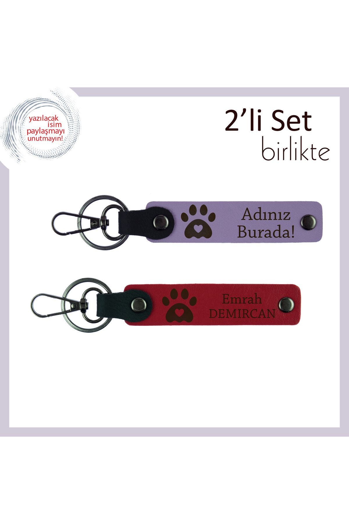 Miaju Sadık Dostun Hatırasına Özel Kişisel Tasarım, Kalpli Pati Desenli Deri Anahtarlık Set, Mor-Kırmızı