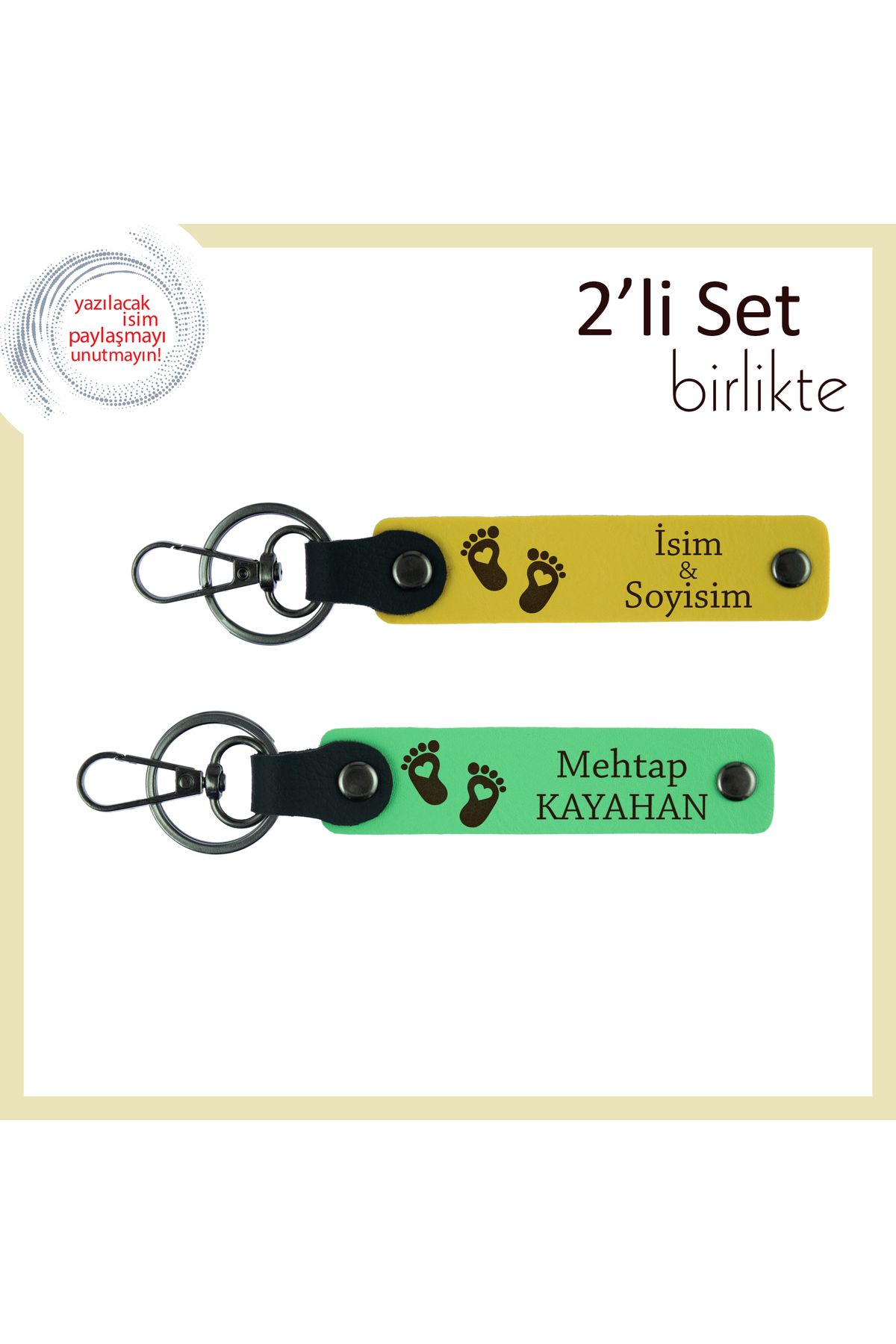 Miaju İlk Ayak Sesleri Temalı Kişisel Hediyelik, Kalpli Bebek Ayağı Desenli Deri Anahtarlık, Sarı-F Yeşil