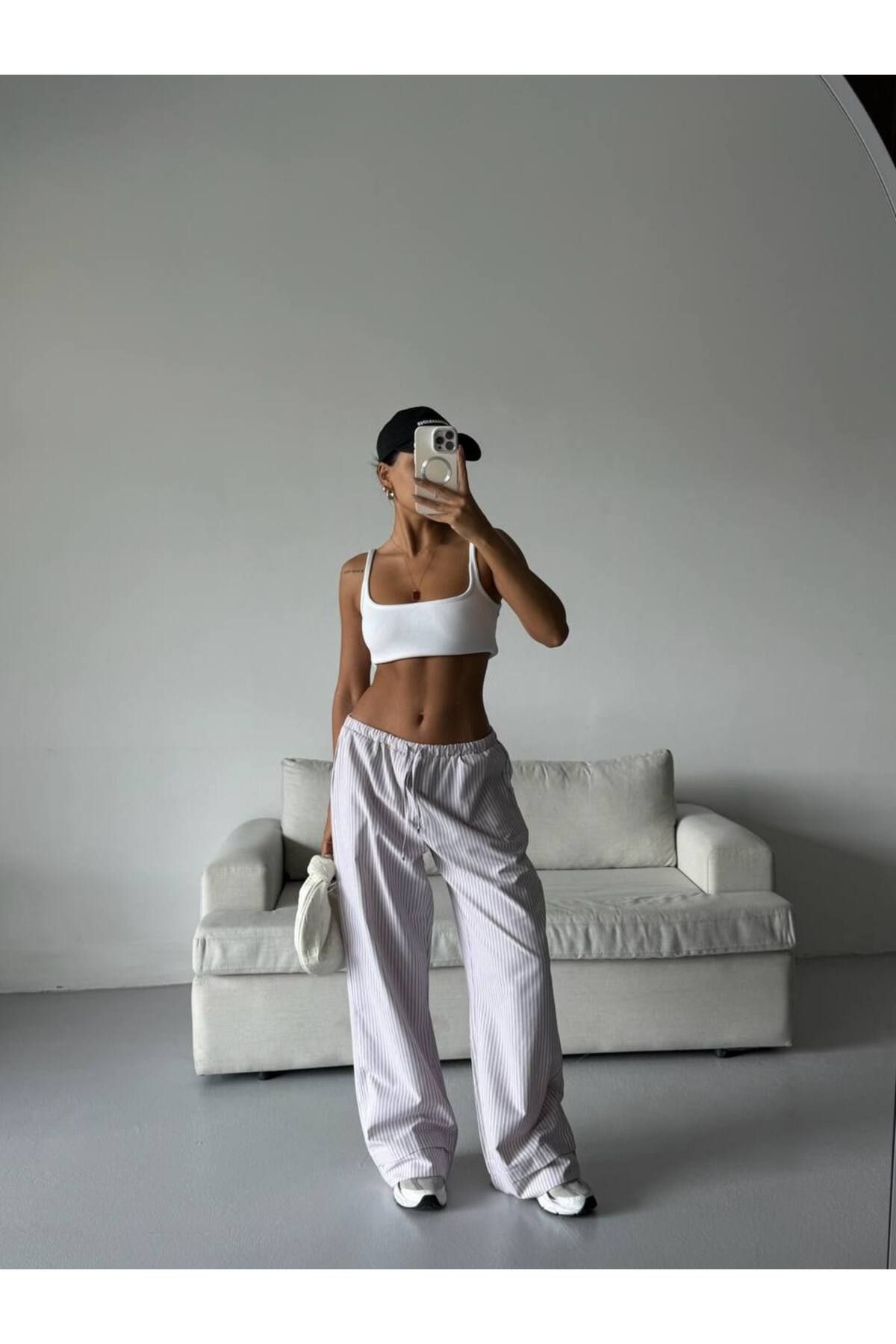 Güneş Çizgili Bel Lastikli Oversize Pantolon
