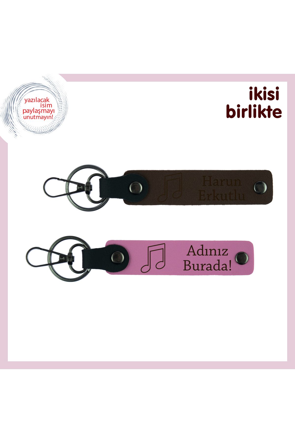 Miaju İlk Dans Şarkınızı Hatırlatacak Hediyelik, Nota Temalı Deri Anahtarlık Seti, Koyu Kahve-Pembe
