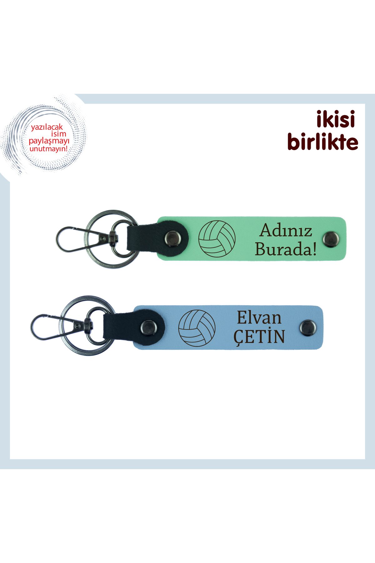 Miaju Her Serviste Hatırlanacak Anı, İsim Yazılabilir Deri Anahtarlık Takımı x2'li, Açık Yeşil-Gök Mavi